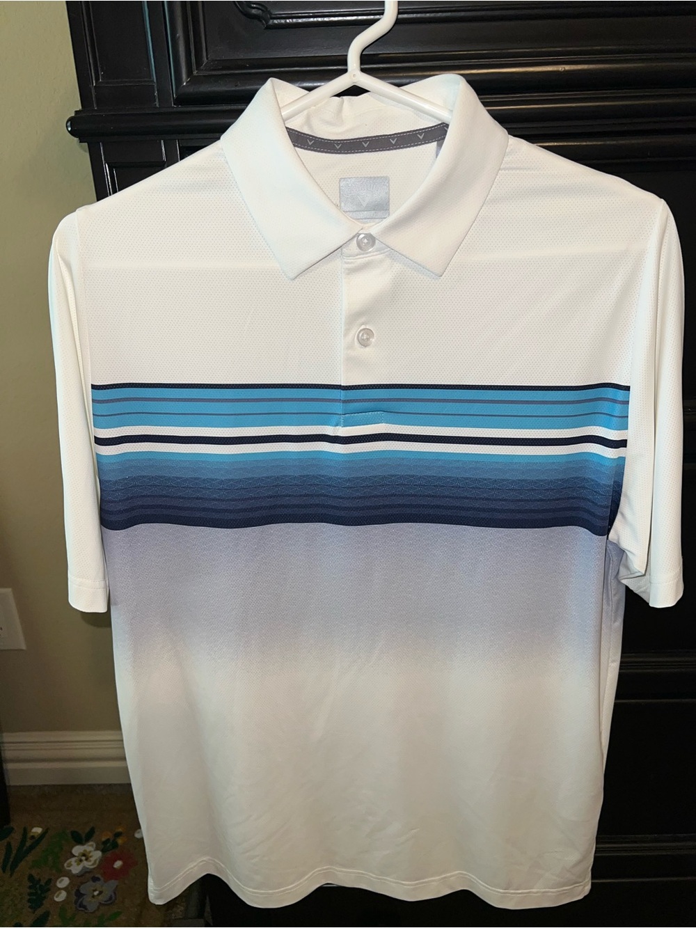 Callaway White Polo with Blue Multi-Stripe Chest
